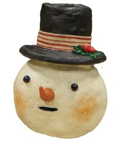 a snowman with a hat and holly berry on it's head