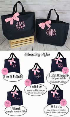 two monogrammed tote bags with pink bows and the names of each bag