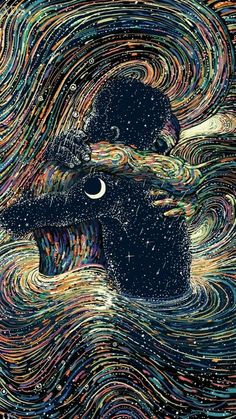 two people are in the middle of a painting with stars and swirls on it