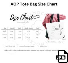 the bag size chart is shown in black and white