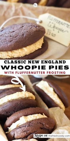 chocolate cookies with white frosting are in a cardboard box and the words classic new england whoopie pies