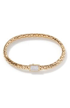 Polished 18-karat gold dots meet at a pavé diamond push-clasp on this handcrafted chain bracelet. Push-clasp closure Total diamond weight: 0.11ct. Color: G–H Clarity: S1 18k gold/diamond Imported >Diamond Guide Yellow Gold Pave Setting Chain Bracelet, Yellow Gold Chain Bracelet With Pave Setting, Fragrance Cologne, Rollerball Perfume, Diamond Guide, Handcrafted Bracelets, Makeup Gift, Gold Dots, John Hardy