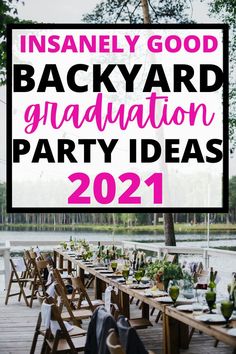 an outdoor graduation party with wooden chairs and tables set up for the guests to eat