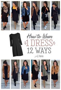 Jacket Over Black Dress, All Dresses Wardrobe, How To Style A Long Sleeve Dress, Black Long Sleeve Dress Outfit Fall, Black Dress With Denim Shirt, Dresses That Can Be Worn Different Ways, Black Hair Dress Outfit, One Shirt 10 Ways, Black Dress Long Sleeve Outfit