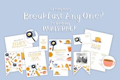 breakfast any one birthday party pack with photos and text on the front, including an image of