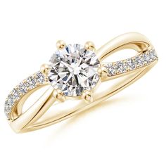 a yellow gold engagement ring with a diamond in the center and two rows of diamonds on each side