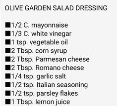 a recipe for olive garden salad dressing is shown in black and white text on a white background