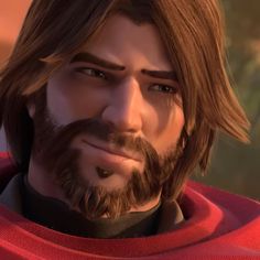 an animated man with long hair and beard wearing a red cape looking at the camera