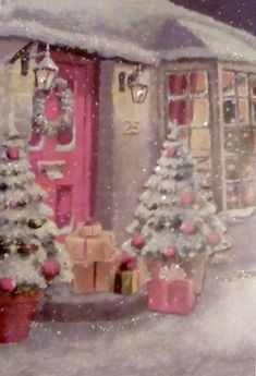 a painting of christmas trees and presents in front of a store with snow falling on the ground