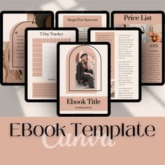 the ebook template is displayed in four different colors and sizes, with text overlaying it