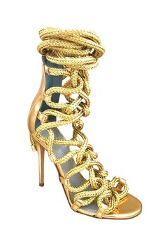 CARLA GOLD 镜面皮革&绳索凉鞋 Ysl Gold, Tie Heels, Rope Sandals, Rope Wrapped, Thick Rope, White Short Dress, Braided Rope, Stiletto Sandals, Valentino Studs