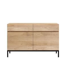 the sideboard is made out of wood and has black metal legs on each side