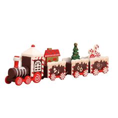 a wooden toy train with christmas decorations on the front and sides, sitting in front of a white background