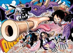 an image of one piece characters flying through the air and holding a megaphone in front of them