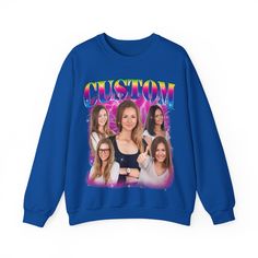 Custom Photo Bootleg Girlfriend Rainbow 90s Retro Vintage Sweatshirt, Face for Boyfriend Birthday Gift on Sweatshirt, Bootleg Tee 💫Ideal for any situation, a unisex heavy blend crewneck sweatshirt is pure comfort. 💫 Made with a medium-heavy fabric blend of 50% cotton and 50% polyester, this sweatshirt feels cozy and is the perfect choice for those colder months. 💫 Made using 100% ethically grown US cotton. Gildan is also a proud member of the US Cotton Trust Protocol ensuring ethical and sust Customizable Casual Blue Sweatshirt, Trendy Crew Neck Sweatshirt For Birthday, 90s Inspired Crew Neck T-shirt For Birthday, 90s Inspired Crew Neck Top With Custom Print, Casual Graphic Print Sweatshirt For Birthday, Birthday Sweatshirt With Graphic Print In Relaxed Fit, Casual Winter Birthday Tops, Casual Customizable T-shirt For Winter, Trendy Crew Neck Sweatshirt With Custom Print