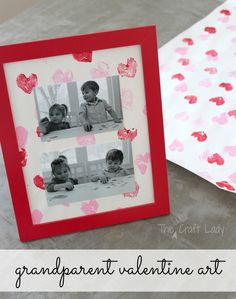 a red frame sitting next to a white paper bag with hearts on it and the words grandparents valentine's day