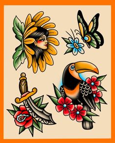 an image of some tattoos with flowers and birds on the back of their heads, including a toucan