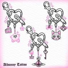 an image of a set of tattoos with cats and hearts on the strings, including a key