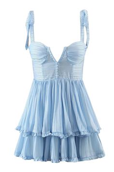 Straps Light Blue Ruffle Tiered Short Dress Neck Corset, Bow Tie Dress, Mini Dress White, Ruffles Fashion, Pleated Mini Dress, Blue And White Dress, Mini Dresses For Women, Ruffle Mini Dress, Chiffon Ruffle