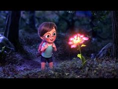 an animated character holding a flower in the woods