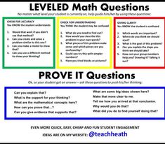 a poster with the words, leveled math questions and prove it questions on it