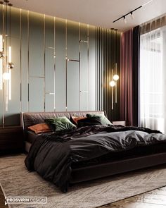 a large bed sitting in the middle of a bedroom next to a tall mirror wall