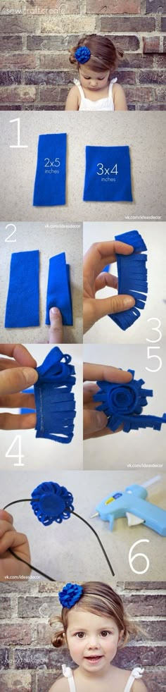 instructions for how to make an origami flower out of blue paper and fabric