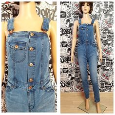 "Denim jumpsuit jean jumpsuit Denim Overall vintage womens overall pants jean overalls Retro overalls Bib Overall S-M grunge overalls Bib Dungarees 75 % cotton height of the woman in the photo - 180 cm Please refer to photos for details of condition. Condition: very good vintage Measurements: Inseam : 80 cm/31.5\" Length: 143 cm + ( be regulated ) /56.30\"+ Hips- 88 cm/ 34.6\" Waist 76 cm/ 30\" Tag Size: EUR38 US8 CA8 note The color on the pictures may vary due to monitor settings and light refl Trendy Fitted Shortalls, Denim Overall Jumpsuit With Button Closure, Denim Overalls With Button Closure, Fitted Overalls With Button Closure, Retro Denim Bib Front Jumpsuit, Retro Denim Jumpsuit With Bib Front, Fitted Medium Wash Overalls With Buttons, Medium Wash Overall Jumpsuit With Buttons, Denim Overalls With Buttons