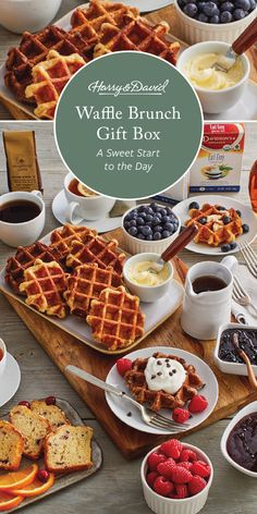 the waffle brunch gift box is full of fresh fruit and desserts