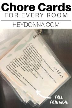 a close up of a sheet of paper on a metal surface with text reading chore cards for every room heydonna com