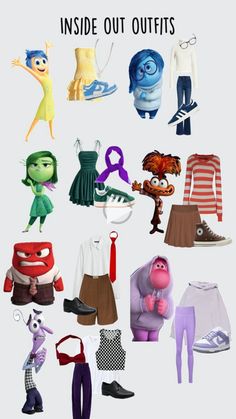 the inside out outfits are all different colors and sizes, but there is no image to describe