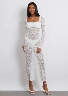 Enhance your feminine charm with our Square Collar Long Sleeved Floral Lace Maxi Dress. The elegant square collar and delicate floral lace add a touch of sophistication to any occasion. Made of breathable, high-quality fabric, this dress is perfect for any stylish lady. Don't miss out! Fabric: Slight Stretch Material: Polyester Fiber *Underwear not included Feminine Fitted Lace Dress With Contrast Lace, Chic Lace Dress With Square Neck, Feminine Square Neck Lace Dress For Party, Fitted Dress With Lace Trim And Straight Neckline, Feminine Lace Dress With Square Neck For Party, Spring Fitted Lace Dress With Delicate Lace, Square Neck Lace Patchwork Party Dress, Chic Fitted Lace Dress With Square Neck, Square Neck Lace Dress With Lace Patchwork