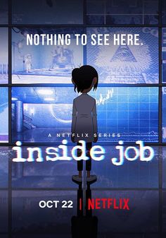 an animated character standing in front of a television screen with the words inside job on it