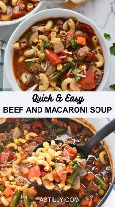 two pictures showing different types of beef and macaroni soup