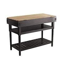 a kitchen island with butcher block top and shelf on the bottom is shown in black