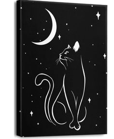 a black and white cat sitting on top of a night sky with the moon in the background