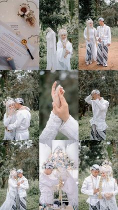 a collage of photos with people dressed in white and holding hands up to each other