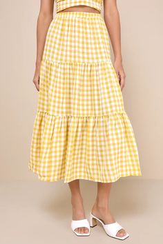 Yellow Gingham Midi Skirt - Tiered A-line Skirt - High-Rise Skirt - Lulus Skirt Lulus, Skirt Tiered, Yellow Gingham, Tiered Midi Skirt, High Rise Skirt, Spring Season, Sewing Inspiration, A Line Skirt, A Line Skirts