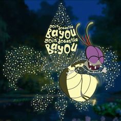 an animated image of a cartoon character hanging from a christmas tree with fireworks in the background