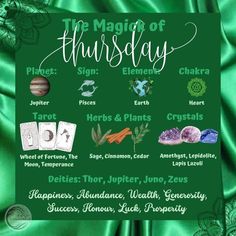 Thursday Magickal Correspondences, Thursday Correspondences, Thursday Magick Spells, Mongolia Recipes, Thursday Witchcraft, Thursday Witch, Thursday Magick, Chakra Tarot, Goddess Magick