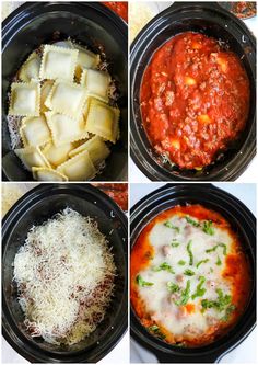 four pictures showing different types of food in the crock pot, including lasagna and spinach