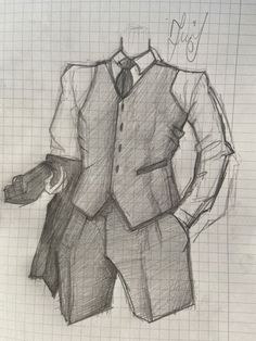 a drawing of a man in a suit and tie with his hand on his hip