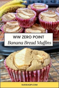 banana bread muffins cooling on a rack with the words, ww zero point banana bread muffins