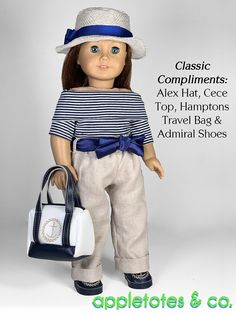 an american girl doll is holding a handbag and purse with the words, classic compliments alex hat, cece top, hampton's travel bag & admiral shoes