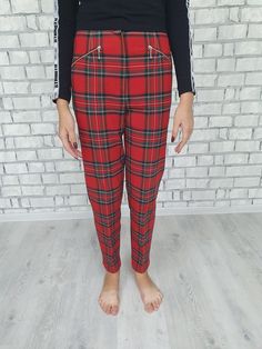 "RED Plaid Pants womens Plaid Pants Retro Pants womens Pants Checkered Pants  Vintage Tartan Pants Golf Pants Disco Pants M skinny Pants plaid Trousers 55%-Cotton ; 40%-viscose 5% spandex height of the woman in the photo - 180 cm Please refer to photos for details of condition.  Condition: very good vintage Measurements: Inseam 66 cm/26\"  Length: 87 cm/ 34.3 \" Waist 75 cm/29.5\" Hips 94 cm/ 37\" Rise: 24 cm/ 9.5\"  size: M note The color on the pictures may vary due to monitor settings and lig Womens Plaid Pants, Red Plaid Pants, Checker Pants, Plaid Pants Women, Hipster Pants, Tartan Pants, Brown Leather Coat, Mens Leather Clothing, Retro Pants