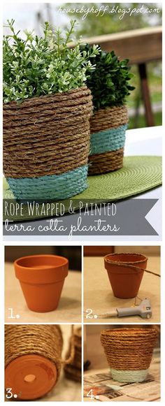 several pictures of different types of plants in baskets on a table with text overlay that says rope wrapped and painted terracotta planters