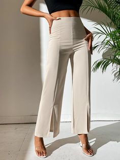 SHEIN PETITE Split Hem Straight Leg Pants | SHEIN USA Drop Crotch Pants, Dressy Pants, Classic Pants, High Waist Pants, How To Hem Pants, Outfit Inspiration Fall, Women Pants, Straight Leg Trousers