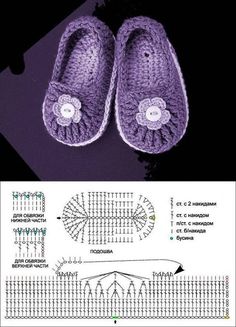 crocheted slippers are shown with instructions to make them