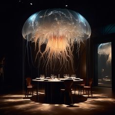 a large jellyfish in the middle of a dark room with two tables and chairs