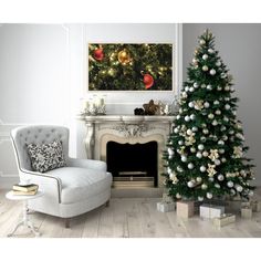 a living room with a christmas tree and chair in front of the fire place,